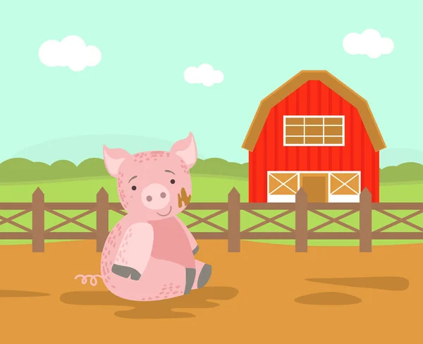 かわいい豚の家畜、木製のフェンスと納屋ベクトルイラストと農村風景 — ストックベクタ