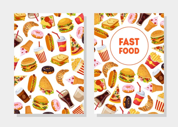 Lezzetli Sağlıksız Yemekler Dikişsiz Desen Vektör İllüstrasyon ile Fast Food Kart Şablonları — Stok Vektör