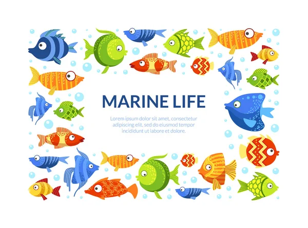 Marco de vida marina, Plantilla de borde de peces coloridos lindos con espacio para la ilustración de vectores de texto — Vector de stock