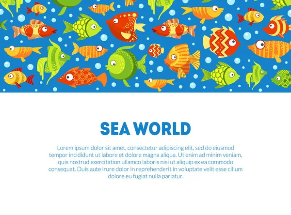 Plantilla de banner de mundo marino con lindos peces marinos coloridos y espacio para la ilustración de vectores de texto — Vector de stock