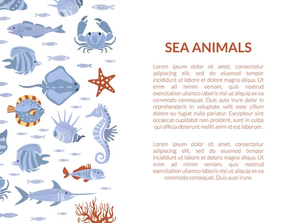 Plantilla de Banner de Animales Marinos con Habitantes Marinos de la Fauna Marina y Espacio para Ilustración de Vectores de Texto — Vector de stock