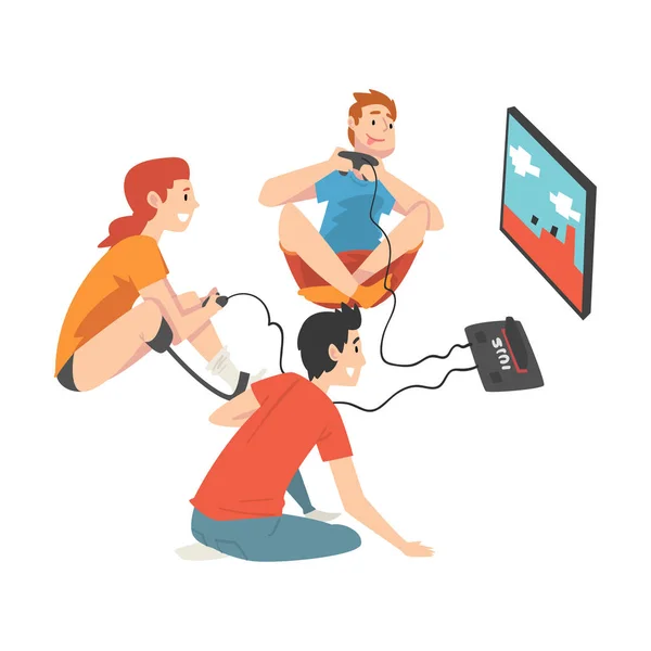 Friends Playing Computer Games, Girl with Leg Prosthesis Spending Good Time with her Male Friends, Friendship and Support, Person Enjoying Full Life Vector Illustration — стоковый вектор