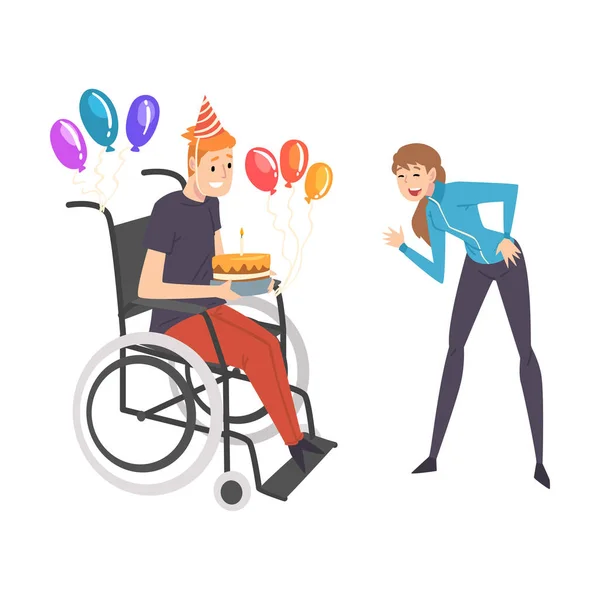 Uomo sulla sedia a rotelle che festeggia il compleanno con la sua amica, ragazza che sostiene la sua amica, amicizia e sostegno, persona handicappata che gode di un'illustrazione vettoriale a vita piena — Vettoriale Stock