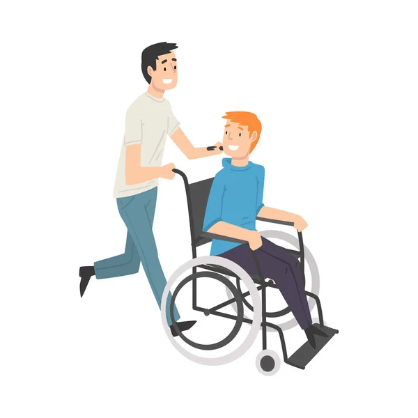 Young Man Pushing Wheelchair with Smiling Disabled Man, Guy Supporting his Friend, Friendship and Support, Handicapped Person Enjoying Full Life Vector Illustration — 图库矢量图片