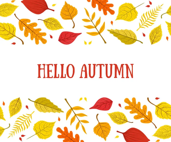 Hello Autumn Banner Template with Bright Colorful Leaves, Card Can Be Used for Invitation, Oferta especial, Cartel, Folleto, Flyer Vector Illustration — Vector de stock