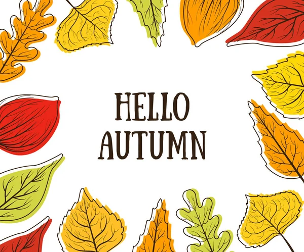 Hello Autumn Banner Template with Bright Colorful Leaves, Card Can Be Used for Invitation, Oferta especial, Cartel, Folleto, Volante, Ilustración de Vectores de Fondo — Archivo Imágenes Vectoriales