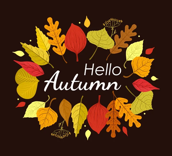 Hello Autumn Banner Template con hojas de colores sobre fondo negro, la tarjeta se puede utilizar para invitaciones, oferta especial, póster, folleto, ilustración de vectores de volante — Vector de stock