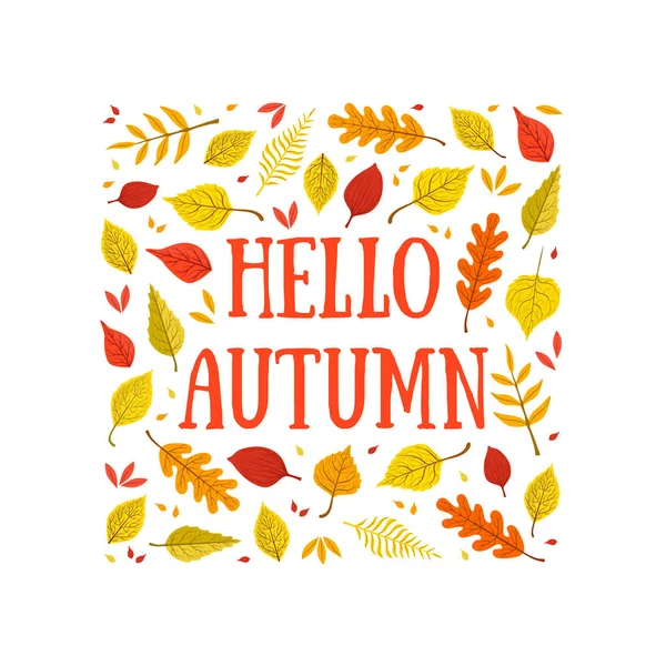 Ciao Autumn Banner Template con foglie colorate di forma quadrata, la carta può essere utilizzata per inviti, offerte speciali, poster, volantino, illustrazione vettoriale del volantino — Vettoriale Stock