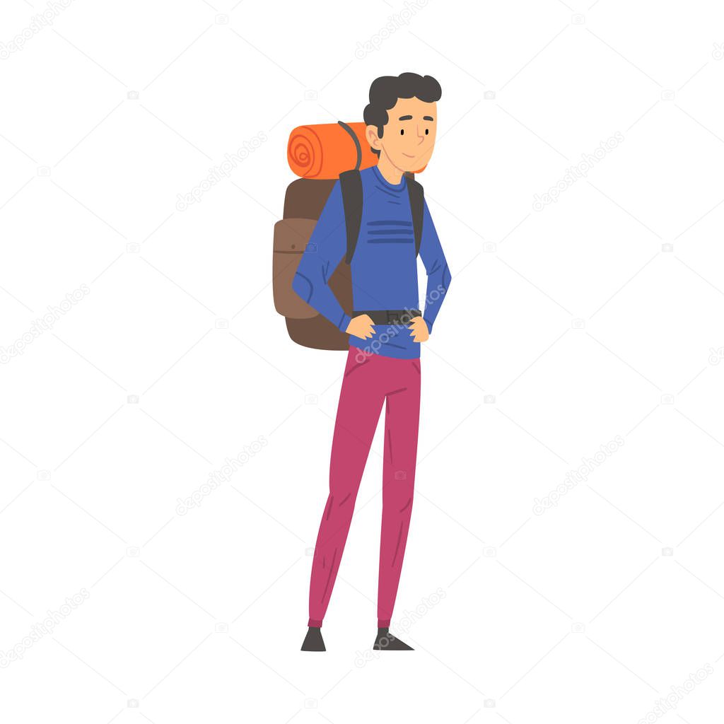 Male Tourist Standing with Backpack, Man Going on Summer Vacation, Hiking, Adventures, Active Recreation Vector Illustration