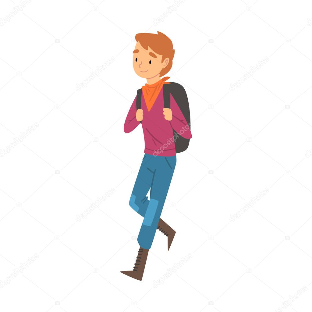 Boy Walking with Backpack, Child Travelling on Vacation Vector Illustration