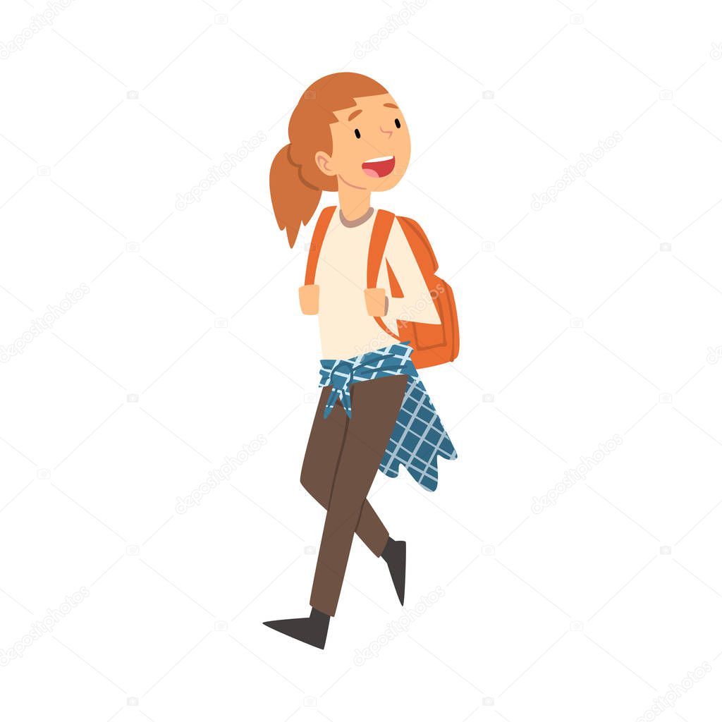 Cute Smiling Girl Walking with Backpack, Kid Travelling on Vacation Vector Illustration