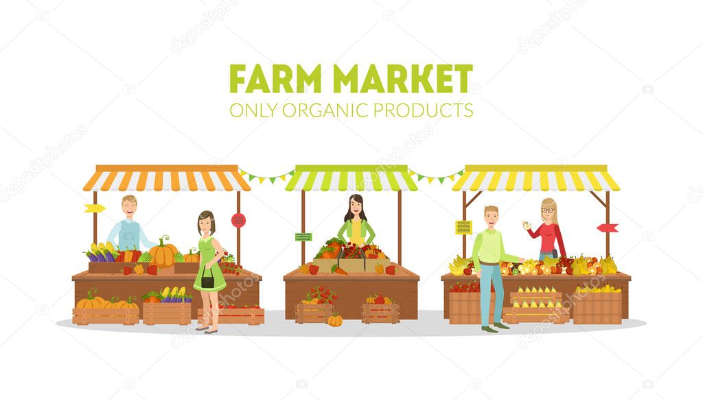 Farm Market, Farmers Selling Fresh Natural Organic Products on Stalls with Awnings on Organic Market Vector Illustration
