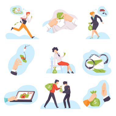 Characters breaking the law and stealing money vector illustration isolated on white background.