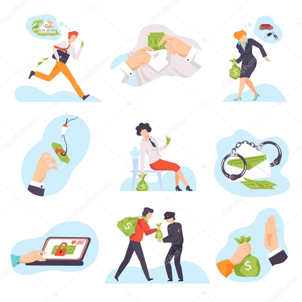 Characters breaking the law and stealing money vector illustration isolated on white background.