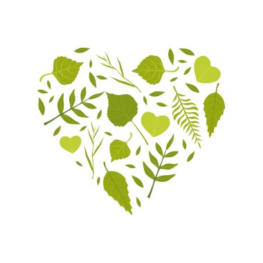 Hello Bahar Afiş Şablonu Çeşitli Orman Ağaçları Nın Yeşil Yaprakları ile Kalp Şekli Vektör İllüstrasyon Desen