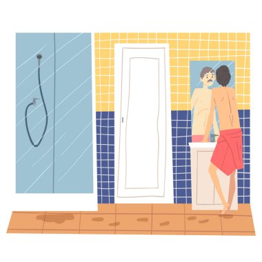 Banyoda Ayna Nın Önünde Duran Adam, Günlük Hayatta Adam, Sabah Rutin Vektör İllüstrasyonu