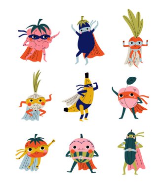 Maskeler ve Pelerinler Seti Sevimli Superhero Meyve ve Sebzeler, Kostümler Vektör İllüstrasyon Komik Humanized Karikatür Karakterler