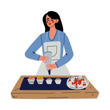 Kız Pişirme ve Dekorasyon Cupcakes, Genç Kadın Mutfak Vektör İllüstrasyon Pişirme