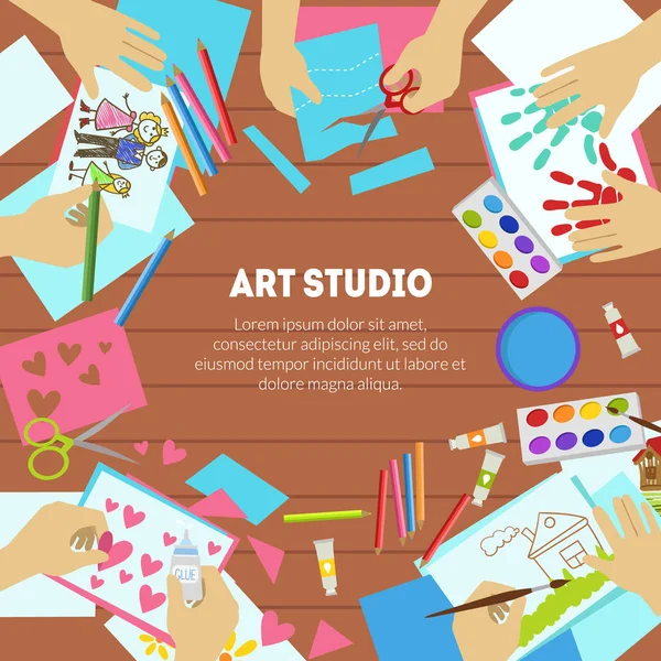 Plantilla de banner de estudio de arte con espacio para texto, lecciones de dibujo, taller para niños Vector Illustration — Vector de stock