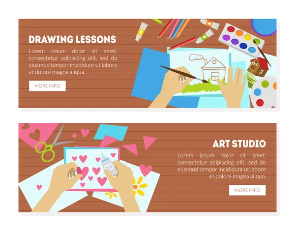 Lecciones de dibujo, Landing Page de Art Studio, Creación de pancartas de trabajo hechas a mano, Lección de creatividad o taller para niños Vector Illustration — Vector de stock