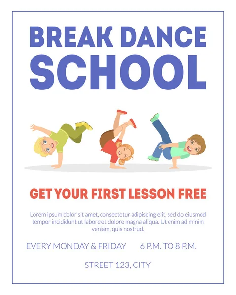 Break Dance School Banner Template, Get Your First Lesson Free, Element Can Be Used for Poster, Flyer, Poster Vector Illustration