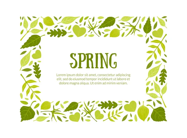 Spring Rectangular Frame, Green Leaves Border Template with Space for Text Vector Illustration — Stock Vector