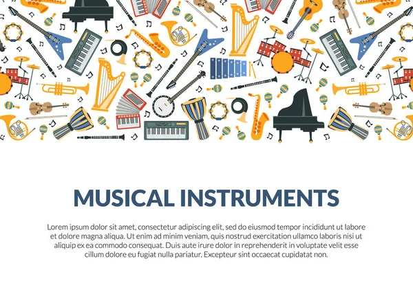 Banner-Vorlage für Musikinstrumente mit verschiedenen Musikinstrumenten, nahtlosem Muster und Platz für Textvektorillustration — Stockvektor