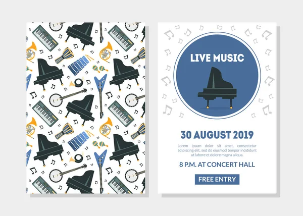 Live Music Landing Page Template with Different Music Instruments Seamless Pattern, Invitation Card, Poster, Leaflet, Flyer Vector Illustration — Stock Vector