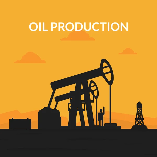 Petrol Üretim Afiş Şablonu, Pumpjack Oil Rig Vinç Platformu Siluet Sunset Vektör İllüstrasyon at — Stok Vektör