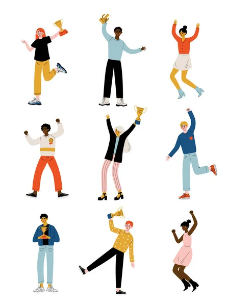 Jonge mensen met winnaar kopjes set, gelukkig positieve mannen en vrouwen vieren overwinning, succesvolle mensen concept vector illustratie — Stockvector