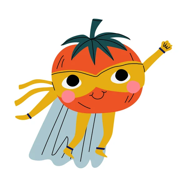 Симпатичный супергерой помидор в маске и плаще, смешной персонаж овощной карикатуры в костюме векторной иллюстрации — стоковый вектор