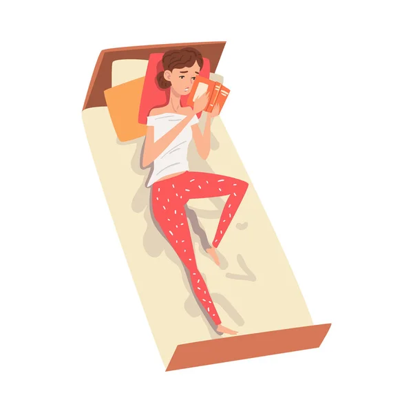 Linda mujer leyendo libro en su cama, mujer joven en la vida cotidiana Vector Ilustración — Archivo Imágenes Vectoriales