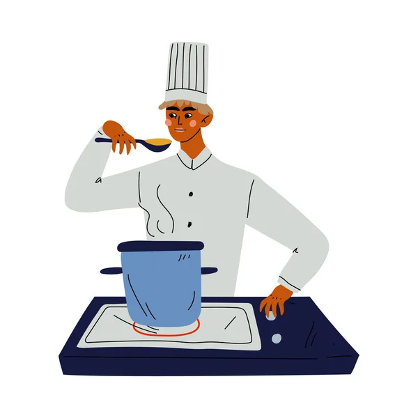 Professionele chef-kok koken soep, Kitchener karakter dragen klassieke traditionele witte uniform werken in restaurant of cafe vector illustratie — Stockvector