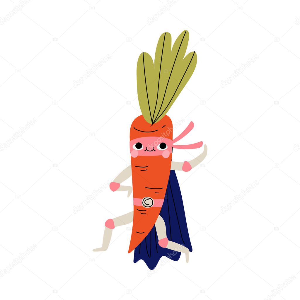 Cute Superhero Carrot in Mask and Cape, Funny Vegetable Cartoon Character in Costume Vector Illustration