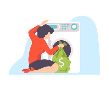 Kara para aklama kavramının vektör illüstrasyonu. Kırmızı gömlekli kadın çamaşır makinesine para torbası koyar