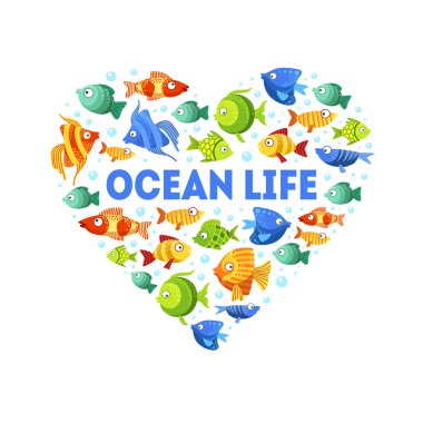 Kalp Şekli Vektör İllüstrasyon Sevimli Renkli Balıklar ile Okyanus Yaşam Afiş Şablonu