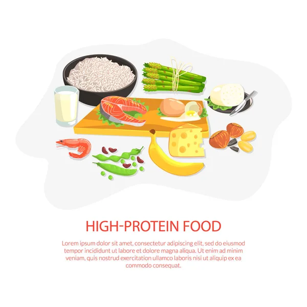 Modello di banner alimentare ad alta percentuale proteica, nutrizione e prodotti sani per cucinare e mangiare Illustrazione vettoriale — Vettoriale Stock