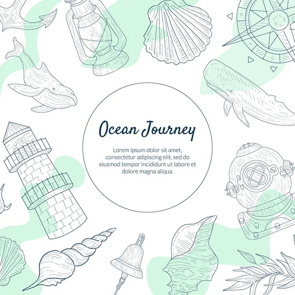 Ocean Journey banner sjabloon, zee reizen hand getekende poster met mariene elementen monochroom vector illustratie — Stockvector