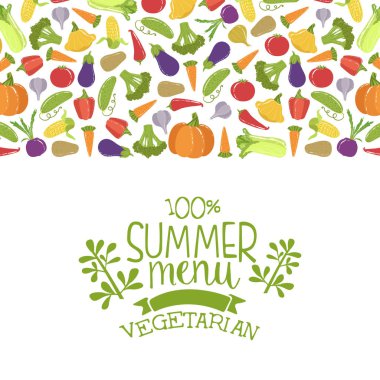 Taze Organik Sebzeler Ile Yaz Vejetaryen Menü Banner Şablonu Sorunsuz Desen Vektör İllüstrasyon