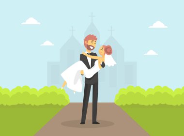 Mutlu Romantik Sadece Evli Çift Karakterler, Damat Kucağında Gelin Kucağında Yaz Doğal Peyzaj Vektör İllüstrasyon Düğün Töreni sonra