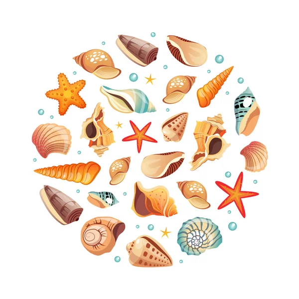 Seashells Padrão sem costura de forma redonda, Verão férias Design Elemento Vector Ilustração — Vetor de Stock