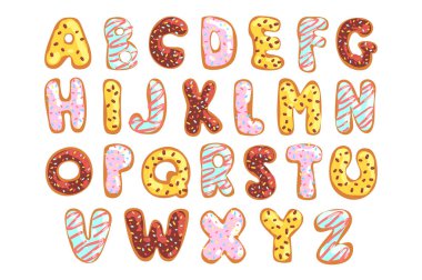 Sweet cookie English alphabet, edible bakery letters in the shape of glazed cookies vector Illustration on a white background clipart