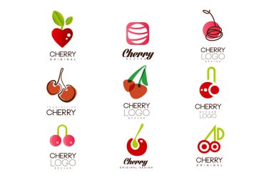 Kiraz logo tasarım kümesi, yaratıcı şablonlar olabilir kullanılan kafe, bar, kulüp, bakkal, paket, fiyat etiketi için el ilanı vektör çizimler