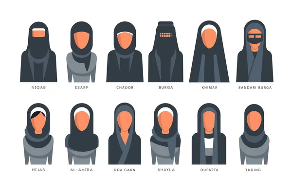 Koleksi model hijab tradisional Muslim, perempuan arab di shayla, dupatta, tuding, esarp, chador, al-amira, burga, khimar, bandari burga vector Illustrations pada latar belakang putih - Stok Vektor