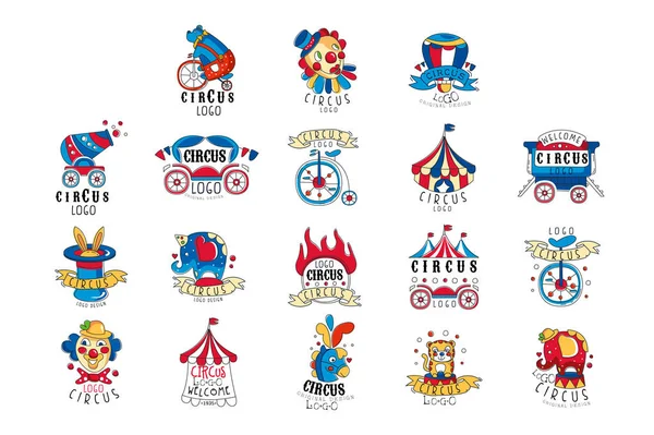 Conjunto de diseño de logotipo de circo, emblemas de colores para el parque de atracciones, festival, fiesta, plantilla creativa de flyear, carteles, cubierta, pancarta, invitación dibujado a mano vector ilustraciones sobre un fondo blanco — Archivo Imágenes Vectoriales