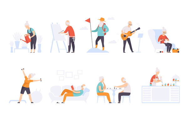Elderly people enjoying various hobbies, senior men and women leading an active lifestyle social concept vector Illustration on a white background