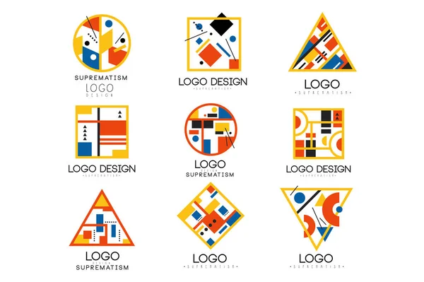 Suprematism logo design set, abstract creative geometric templates can be used for brand identity, advertising, poster, banner, flyer, web, app vector Illustrations on a white background — Stock Vector