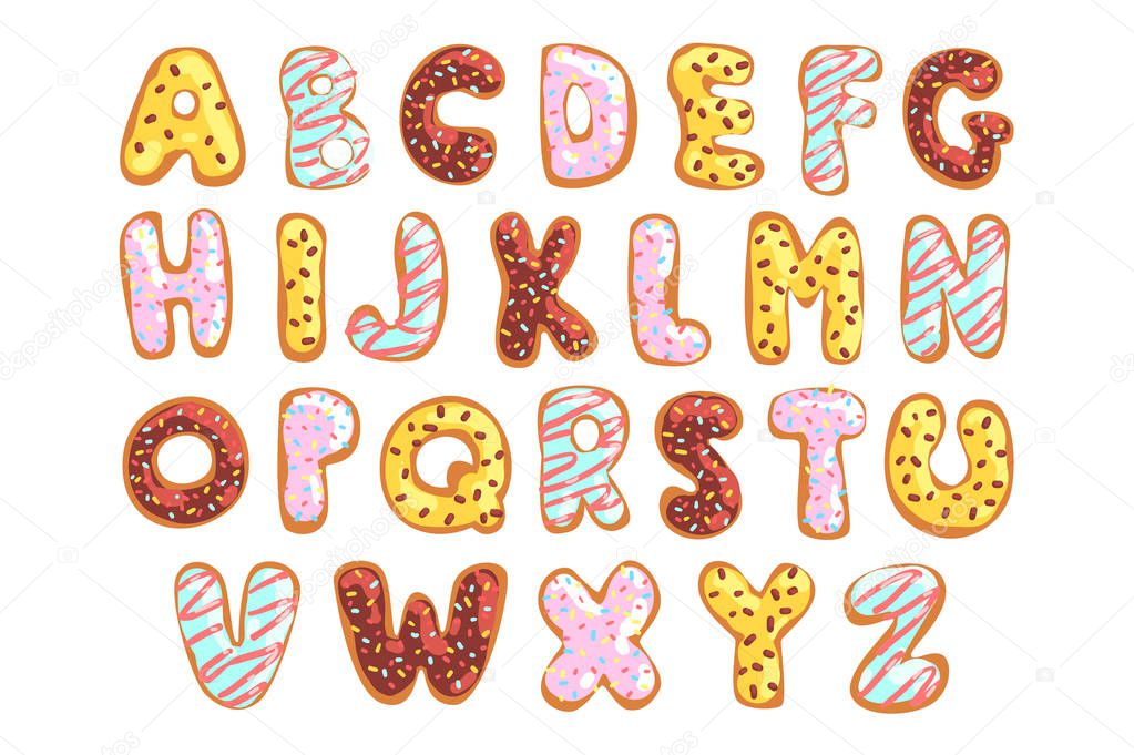 Sweet cookie English alphabet, edible bakery letters in the shape of glazed cookies vector Illustration on a white background