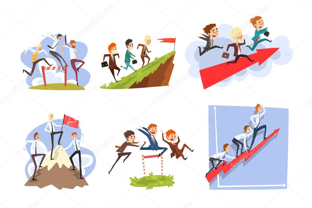 Businessmen overcoming obstacles to achieving the goals, teamwork, business, career development concept vector Illustration on a white background