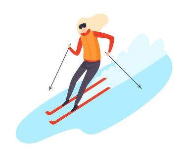Tepedüz vektör illüstrasyon aşağı kayak kadınlar